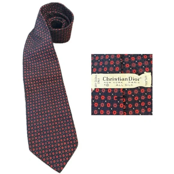 Dior Red Silk Tie with Geometric Pattern 90s Vintage - Picture 1 of 5